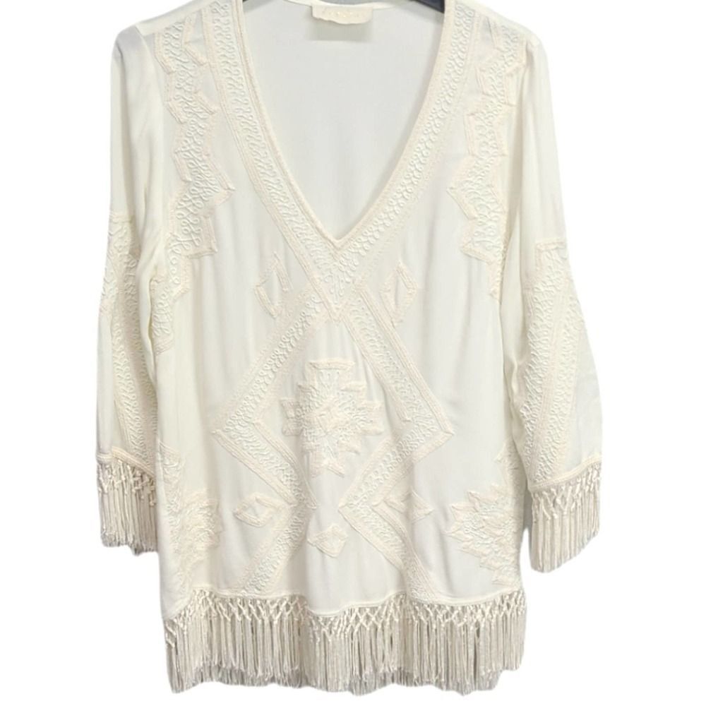 Love Sam‎ Fringe V-neck Cream Ivory 3/4 Sleeve Blouse Size Small